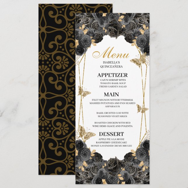 Menü "Black and Gold Floral Quinceanera" Einladung (Vorne/Hinten)