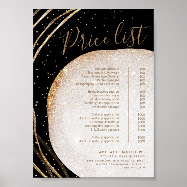 Menü "Black Gold Glitzer Stylist Salon Price List" Poster (Vorne)