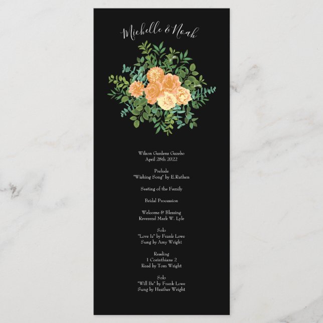 Menu Black & Peach Mariage Floral moderne (Devant)