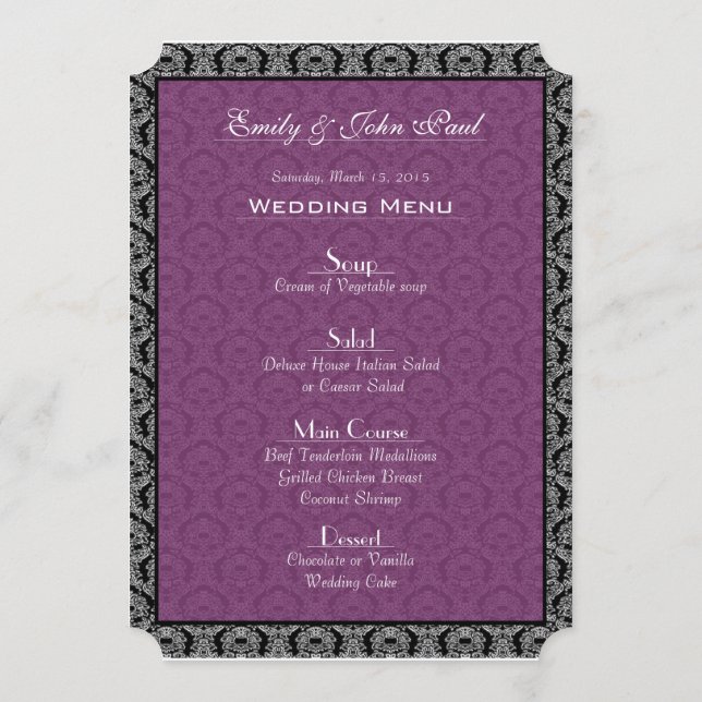 Menu Black & Plum Paisley Mariage damassé (Dos)