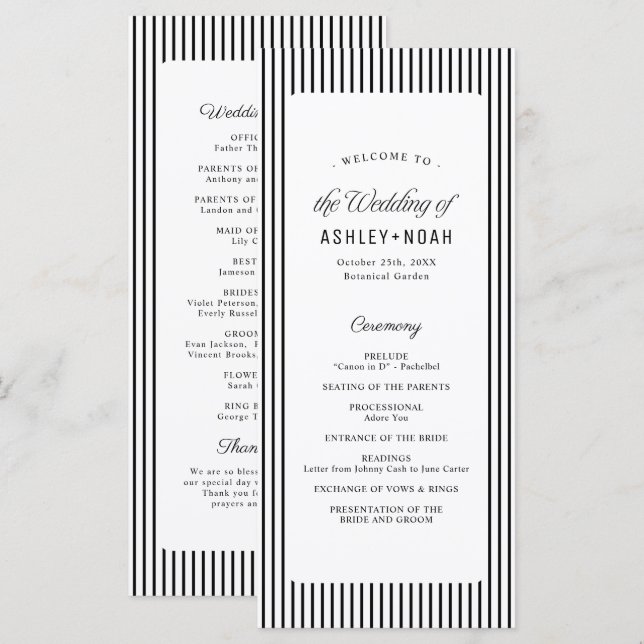 Menu Black Striped Elegance Classy Wedding Program (Devant / Derrière)