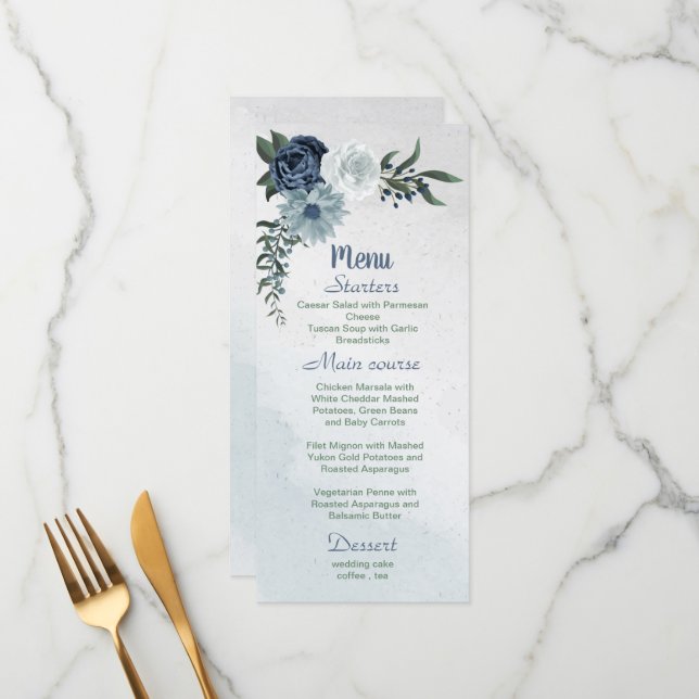 Menu blanc bleu poussiéreux et fleurs marine verdure (Devant/Arrière en situation)