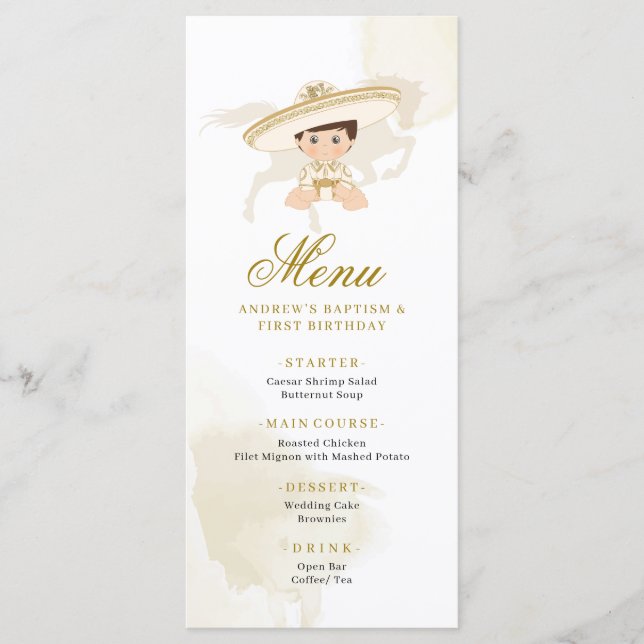 Menu Blanc Gold Mexicain Boy Baptême 1er anniversaire (Devant)