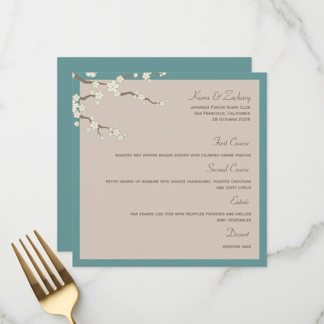 Menu Blanc Sakura Cerry Blossements Mariage asiatique m (Devant/Arrière en situation)