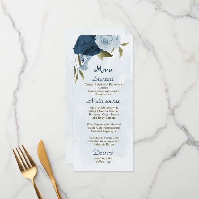 Menu bleu clair bleu marine bleu fleurs mariage botaniq (Devant/Arrière en situation)