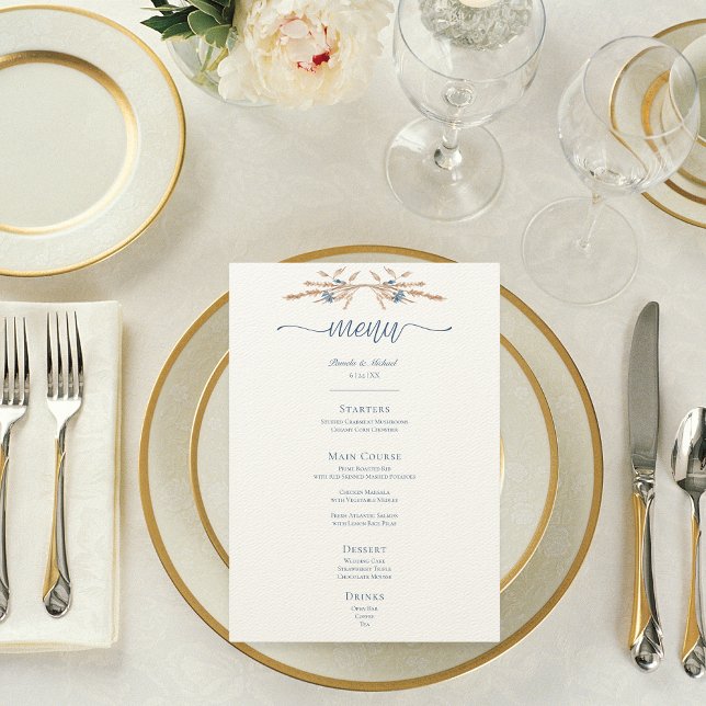 Menu Bleu Cornflowers & Blé Mariage de crème moderne (Blue Cornflowers & Wheat Modern Cream Wedding Menu)