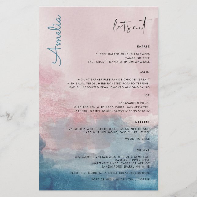 Menu bleu et rose Aquarelle avec nom (Devant)