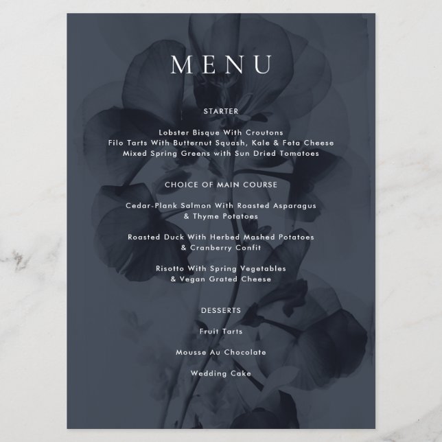 Menu Bleu foncé Moody Botanique Overlay Mariage (Devant)