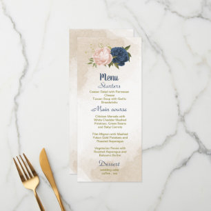 Menu bleu marine fleurs vert feuille mariage