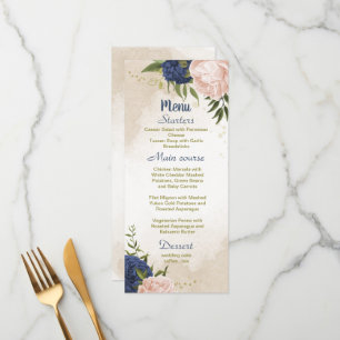 Menu bleu marine fleurs vert feuille mariage
