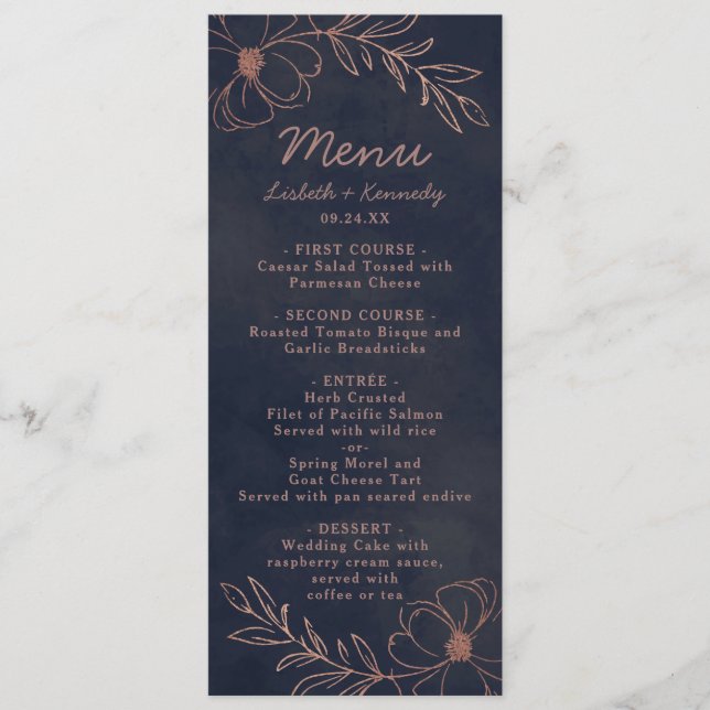 Menu Bleu Marine & Rose Gold Foil Dîner à la frontière  (Devant)