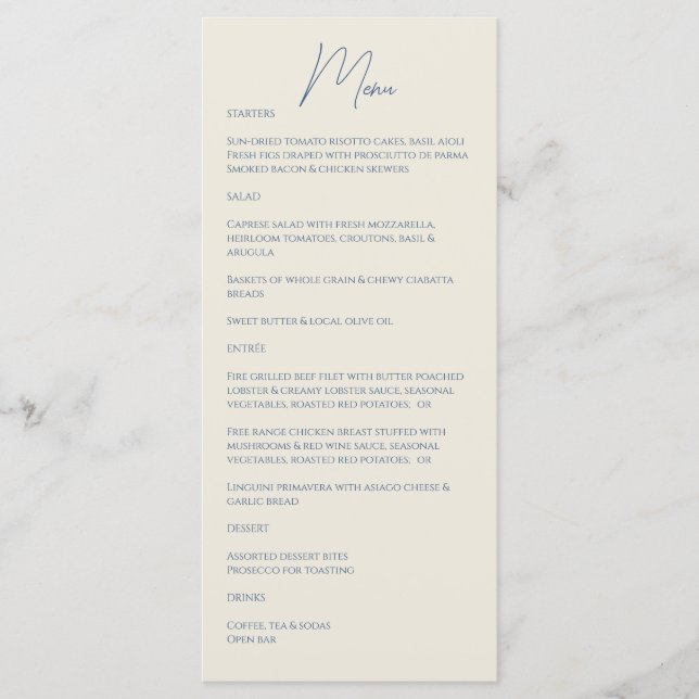 Menu Bleu métallique ・ Mariage de script manuscrit (Devant)