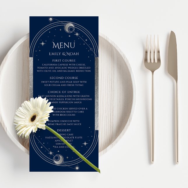 Menu Bleu mystique Argent Soleil Lune Étoiles Espace Ma (Créateur téléchargé)