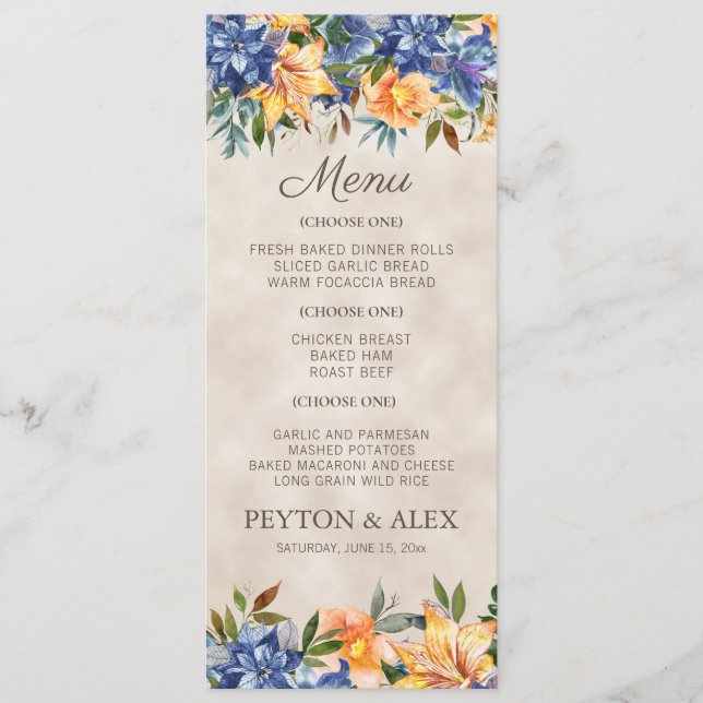 Menu Bleu Orange Floral Automne Mariage (Devant)