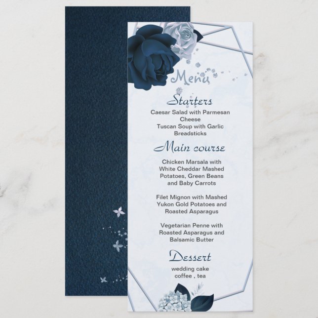Menu bleu poussiéreux et fleurs de marine mariage géomé (Devant / Derrière)