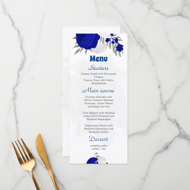 Menu bleu royal et fleurs blanches argent mariage botan (Devant/Arrière en situation)