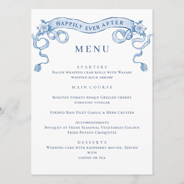 Menu Bleu Victorian Ornate Grace Floral Mariage Dîner (Devant)
