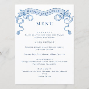 Menu Bleu Victorian Ornate Grace Floral Mariage Dîner