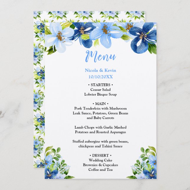 Menu Blue and Navy Flowers with Foliage  (Devant / Derrière)
