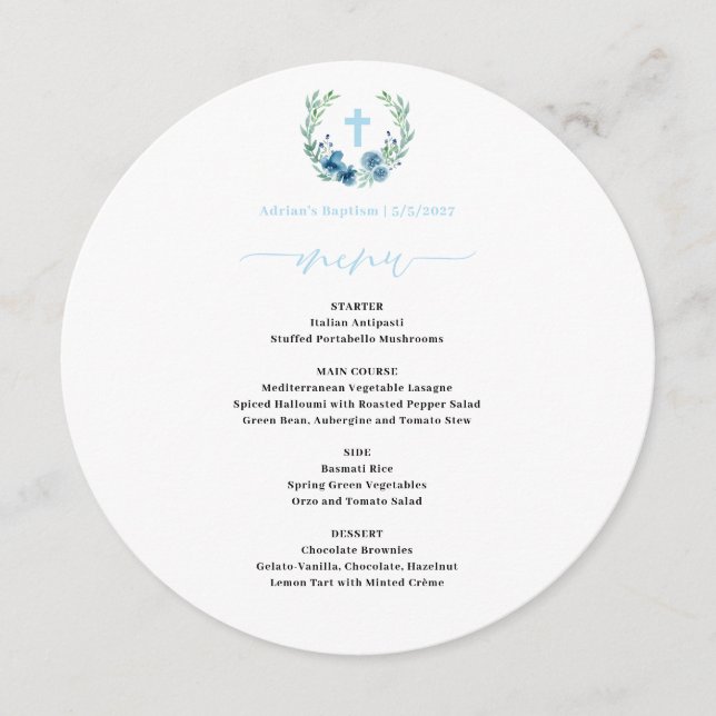 Menu Blue Floral Wreath Baby Boy Baptism rond (Devant)