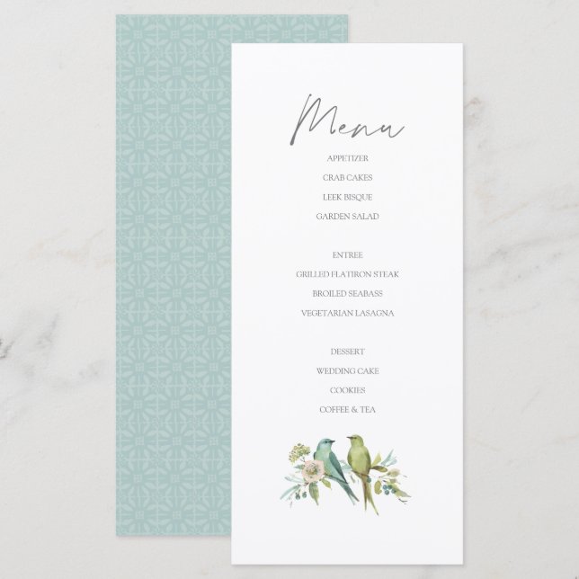 Menu Blue Green Birds Botanical Watercolor Mariage (Devant / Derrière)