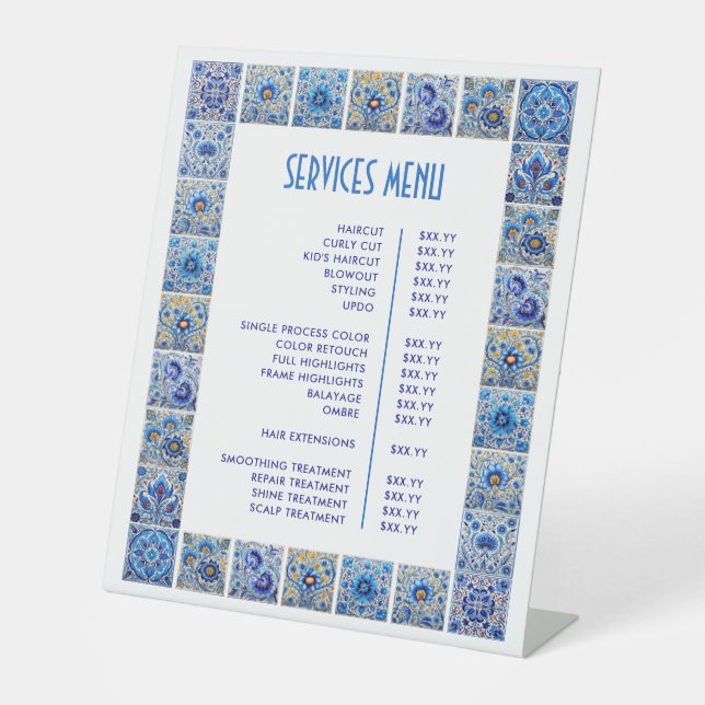 Menü "Blue Mediterranean Tiles Frame Services" Sockelschild (Vorderseite)