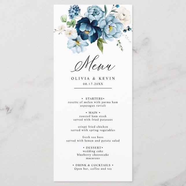Menu Blue Navy Cream Elegant Mariage Floral Rétro (Devant)