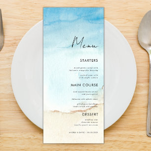 Menu Blue Watercolor Ocean Beach Sand Dîner Mariage