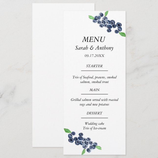 Menu Blueberries Blue Fruit Aquarelle Mariage (Devant / Derrière)