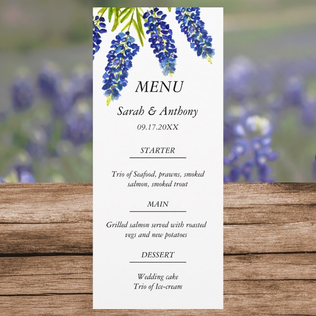 Menu Bluebonnets Blue Floral Aquarelle Mariage (Créateur téléchargé)