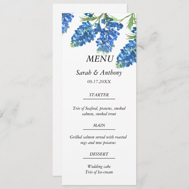 Menu Bluebonnets Blue Floral Aquarelle Mariage (Devant / Derrière)