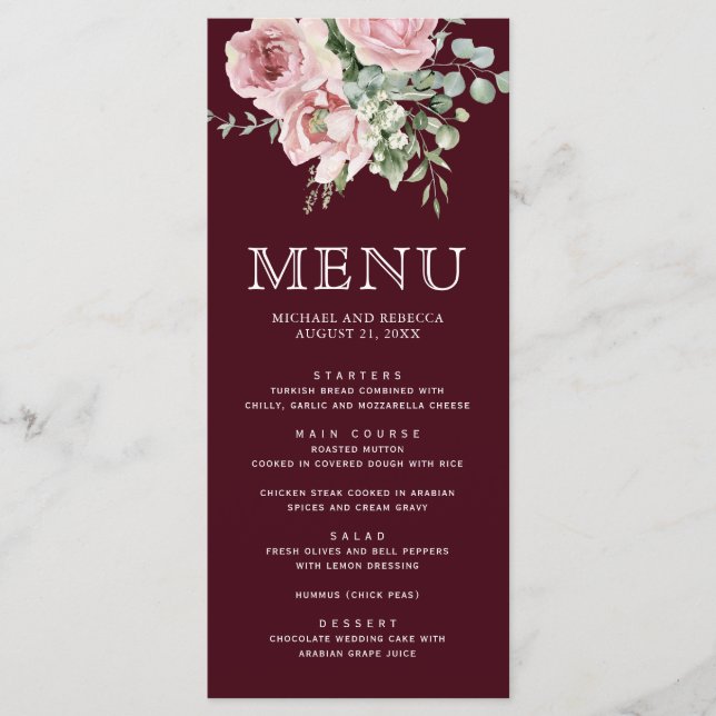 Menu Blush Pink Floral Eucalyptus Burgundy Wedding (Devant)