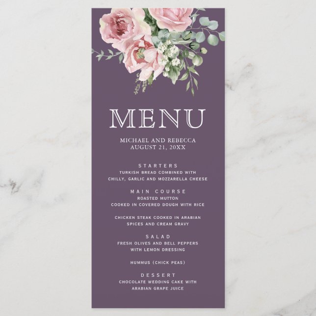 Menu Blush Pink Floral Eucalyptus Dusty Purple Wedding (Devant)