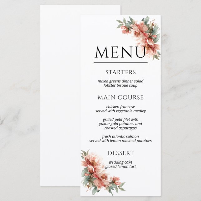 Menu Blush Pink Peony Coral Elegant Dinner Wedding  (Devant / Derrière)