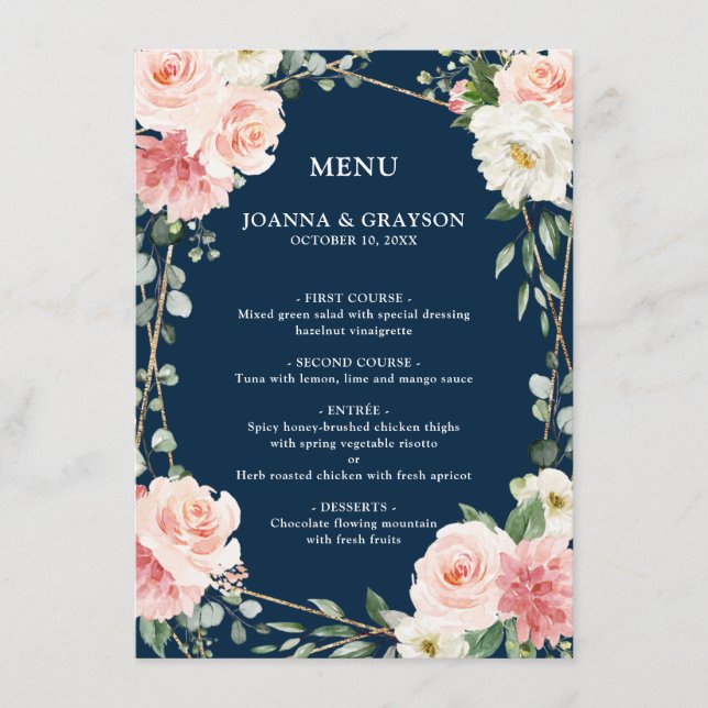Menu Blush rose Floral or Marine Mariage géométrique (Devant)