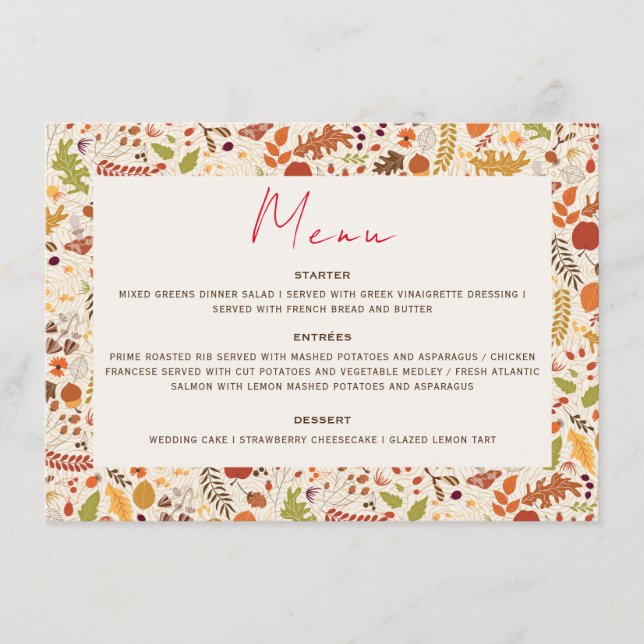Menu Bohème séché Rustique Floral Automne Falls Mariage (Devant)