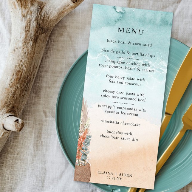 Menu Boho Beach Destination Mariage Océan Shoreline (Boho beach wedding menu with editable food items)