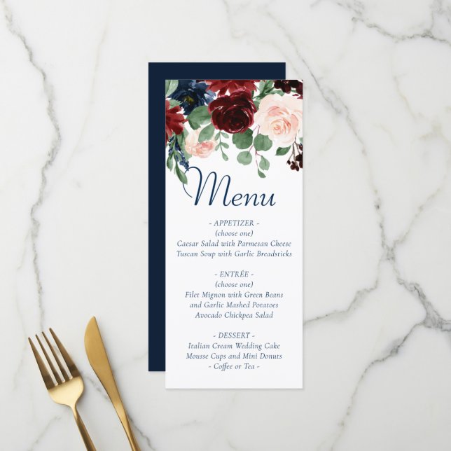 Menu Boho Blooms | Russe Navy et Bourgogne Garland (Devant/Arrière en situation)