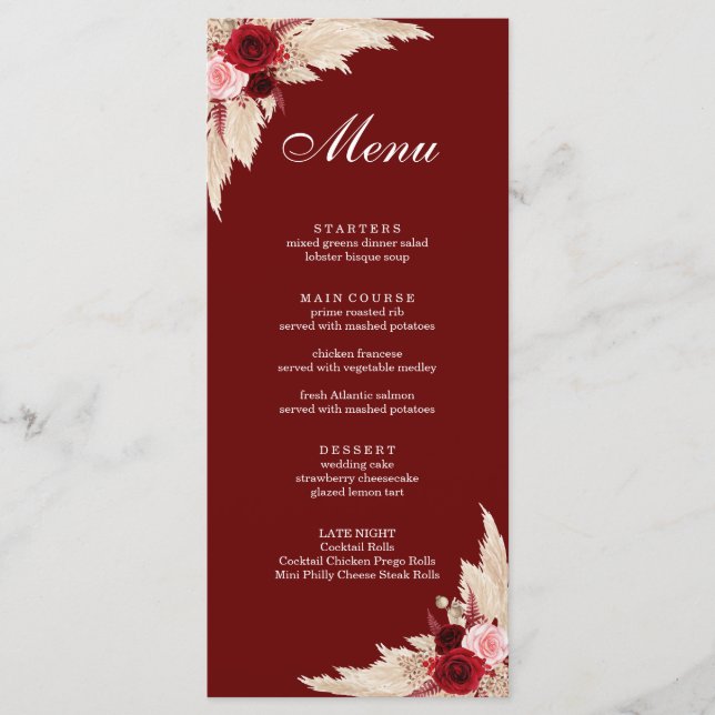 Menu Boho Burgundy Roses et Pampas Grass (Devant)