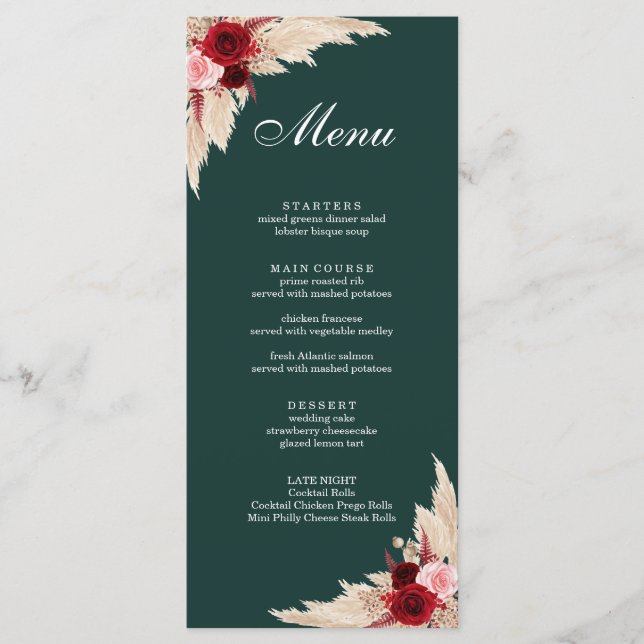 Menu Boho Burgundy Roses et Pampas Grass (Devant)