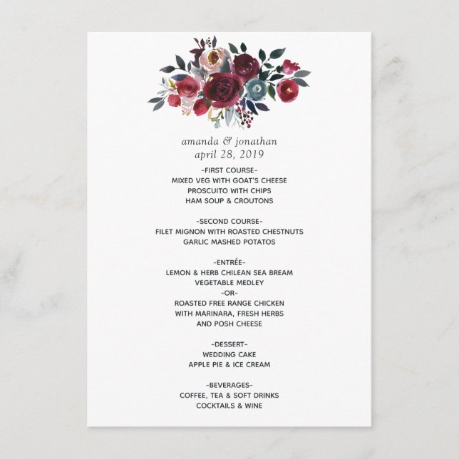 Menu Boho Chic Bourgogne et Mariage floral Navy (Devant)
