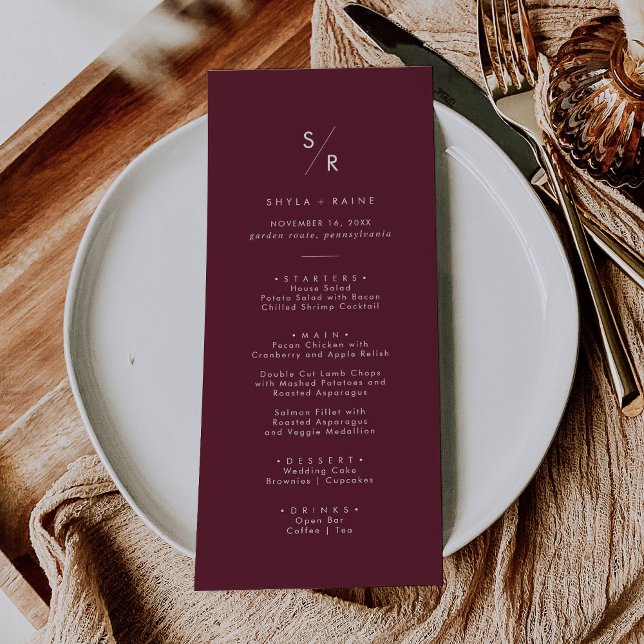 Menu Boho Chic Bourgogne Rouge Monogramme Mariage (Créateur téléchargé)