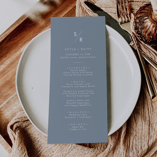 Menu Boho Chic Dusty Mariage Monogramme Bleu (Créateur téléchargé)