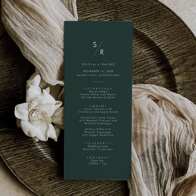 Menu Boho Chic Emerald Vert Monogramme Mariage (Créateur téléchargé)