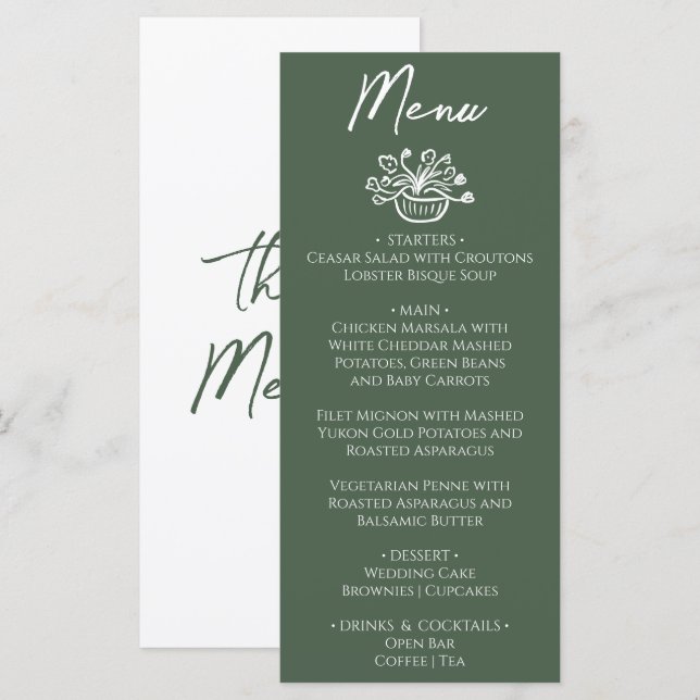 Menu Boho Dark Moss Green Hand Drawn Floral Wedding (Devant / Derrière)
