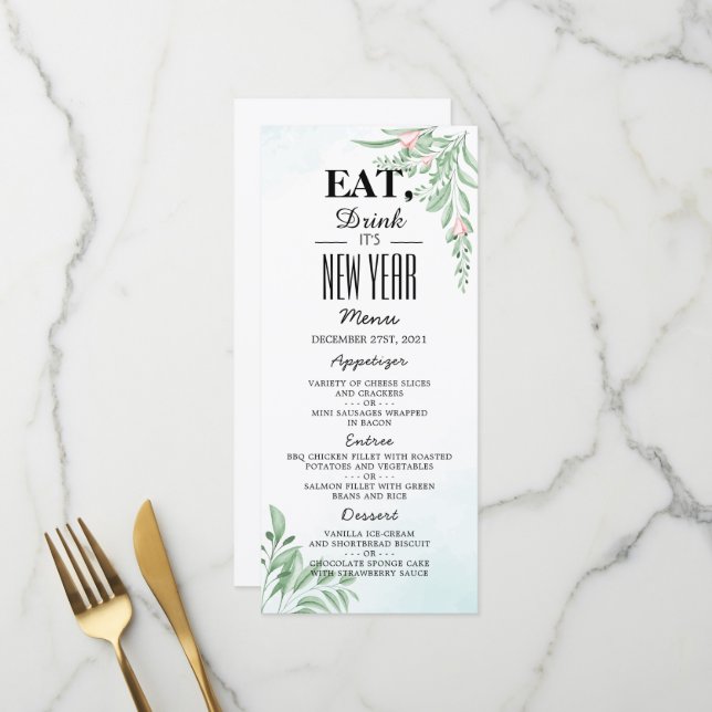 Menu Boho Dusty Bleu Eucalyptus Vert Nouvel An (Devant/Arrière en situation)