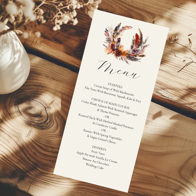 Menu Boho Feathers Wreath Calligraphy Mariage de automn (Créateur téléchargé)