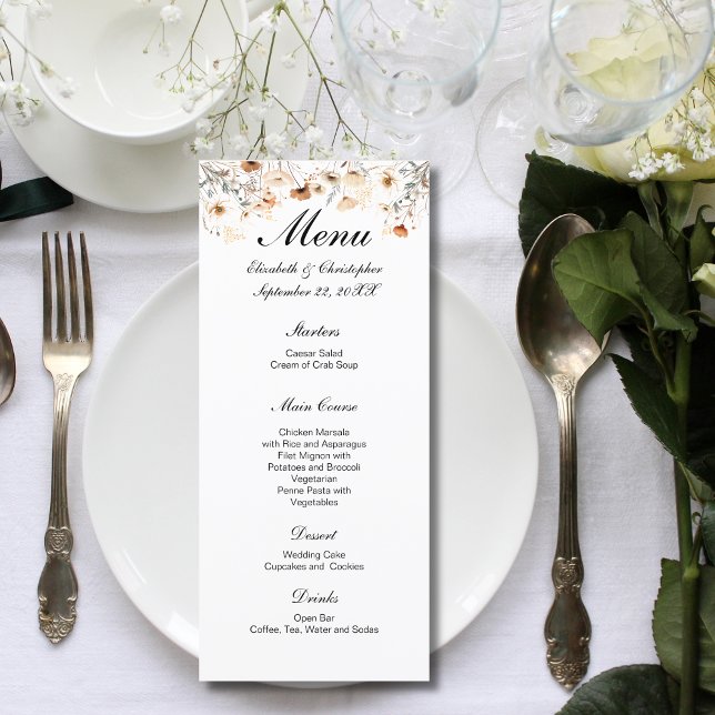 Menu Boho Fleur sauvage couleur neutre Mariage (Boho Wildflowers Cream Beige Yellow Neutral Colors Wedding Menu)