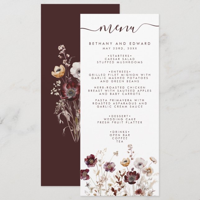 Menu Boho Floral Mariage (Devant / Derrière)