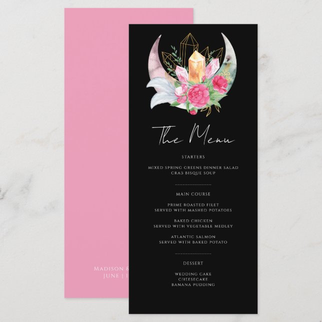 Menu Boho Moon Crystals Plumes rose Fleurs Mariage (Devant / Derrière)